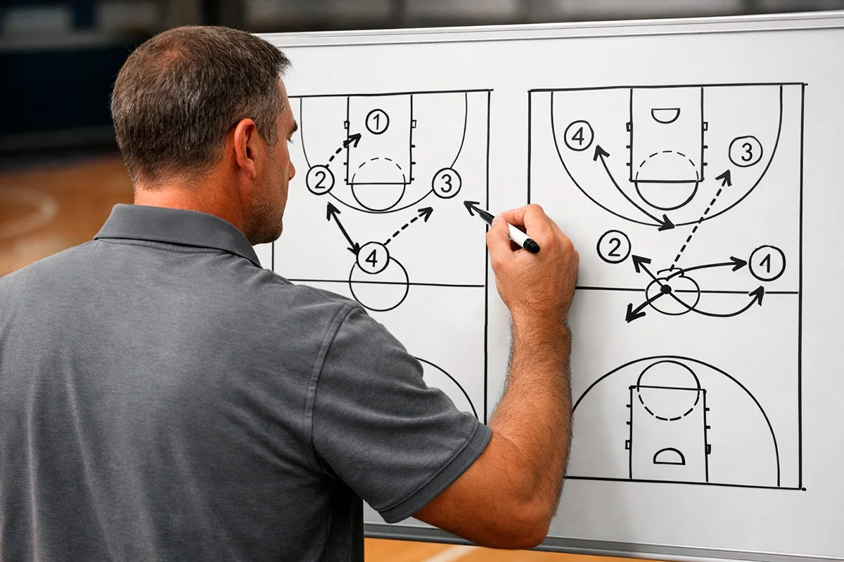 Allenatore di basket che analizza una lavagna tattica con schemi di gioco