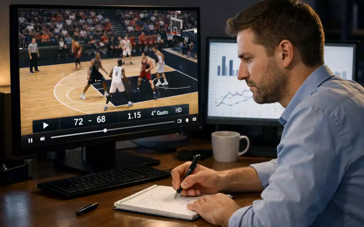 Analista sportivo valuta video e statistiche di una partita di basket