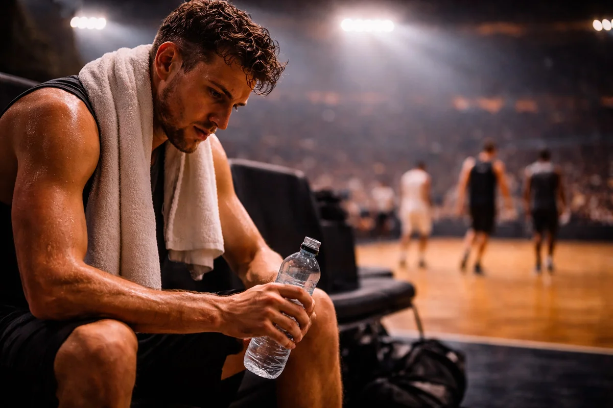 Giocatore di basket stanco seduto in panchina durante una partita NBA