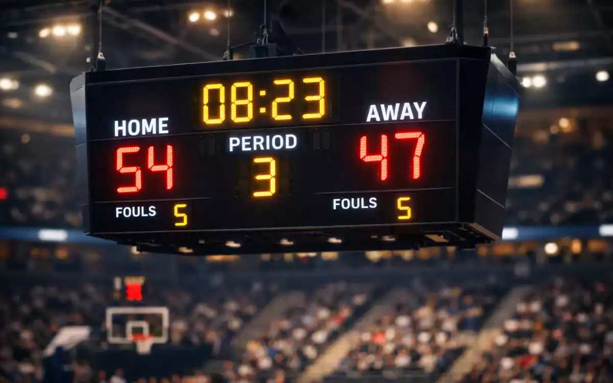 Tabellone segnapunti in un palazzetto durante una partita di basket