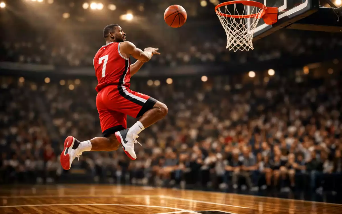 Giocatore di basket durante un tiro in sospensione sul parquet