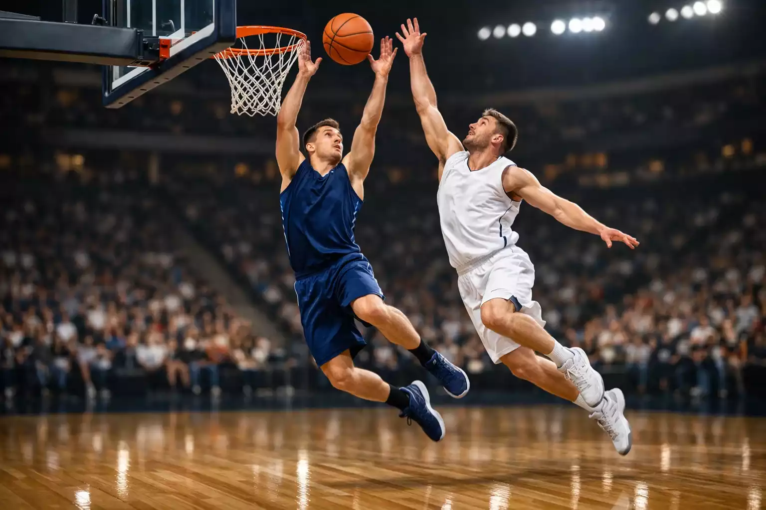 Partita di basket NBA con giocatori in azione sotto canestro