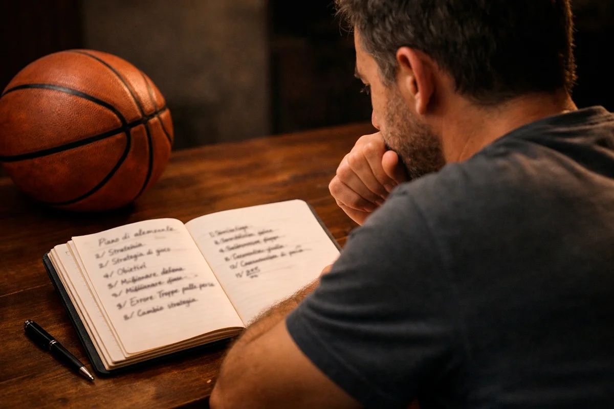 Persona pensierosa davanti a un blocco di appunti con annotazioni sulle scommesse basket