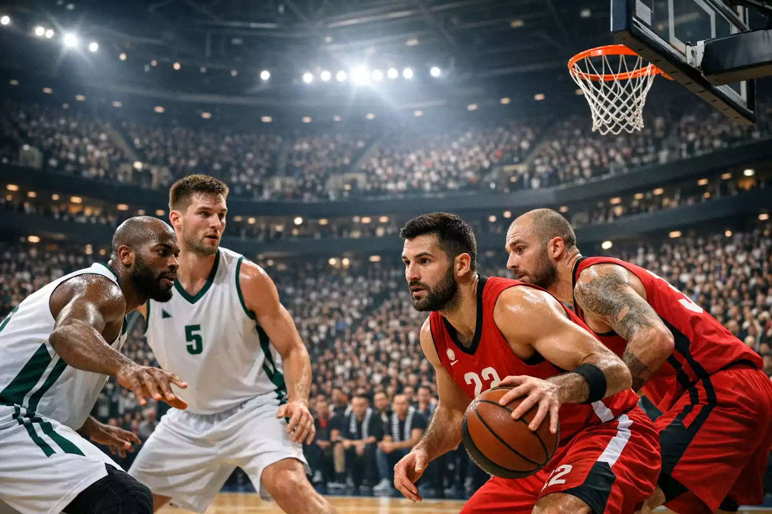 Arena di basket europea gremita di tifosi durante una partita di Eurolega