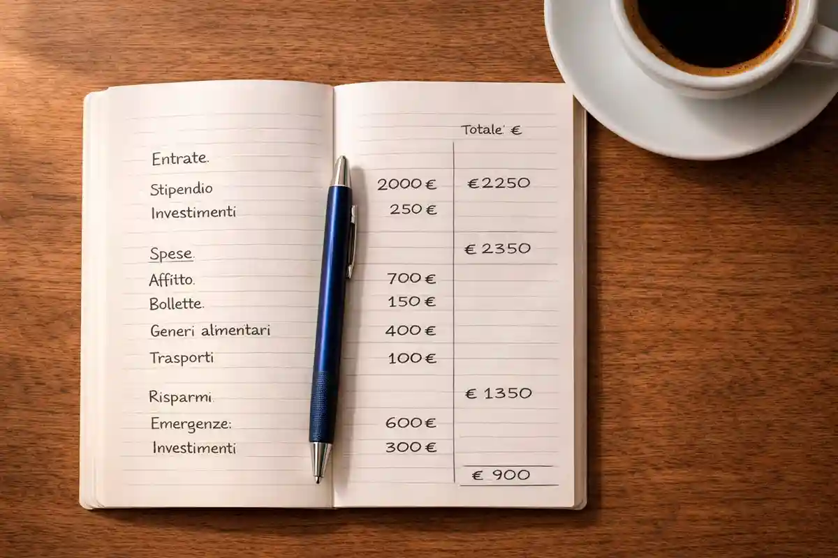 Quaderno con piano di gestione finanziaria e penna su una scrivania