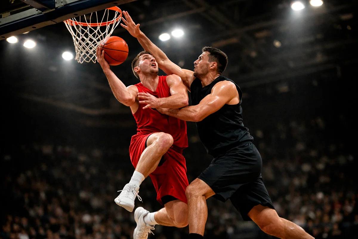 Due giocatori di basket in azione sotto canestro durante una partita indoor