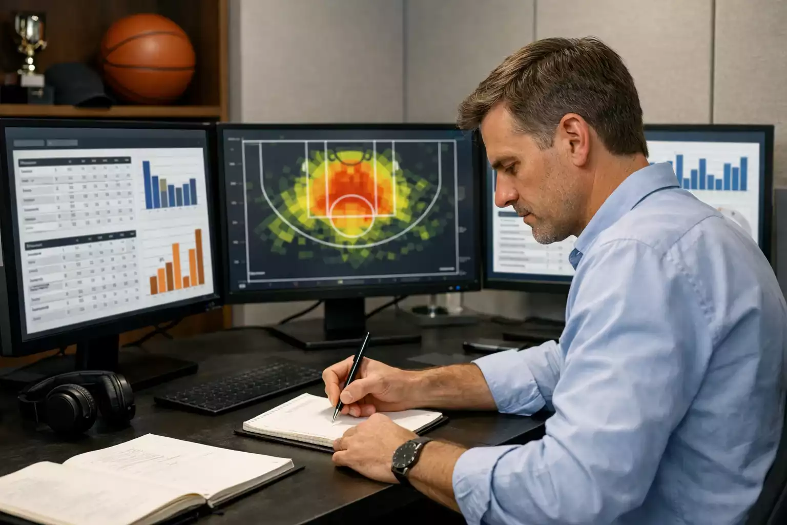 Analista sportivo che consulta statistiche avanzate di basket