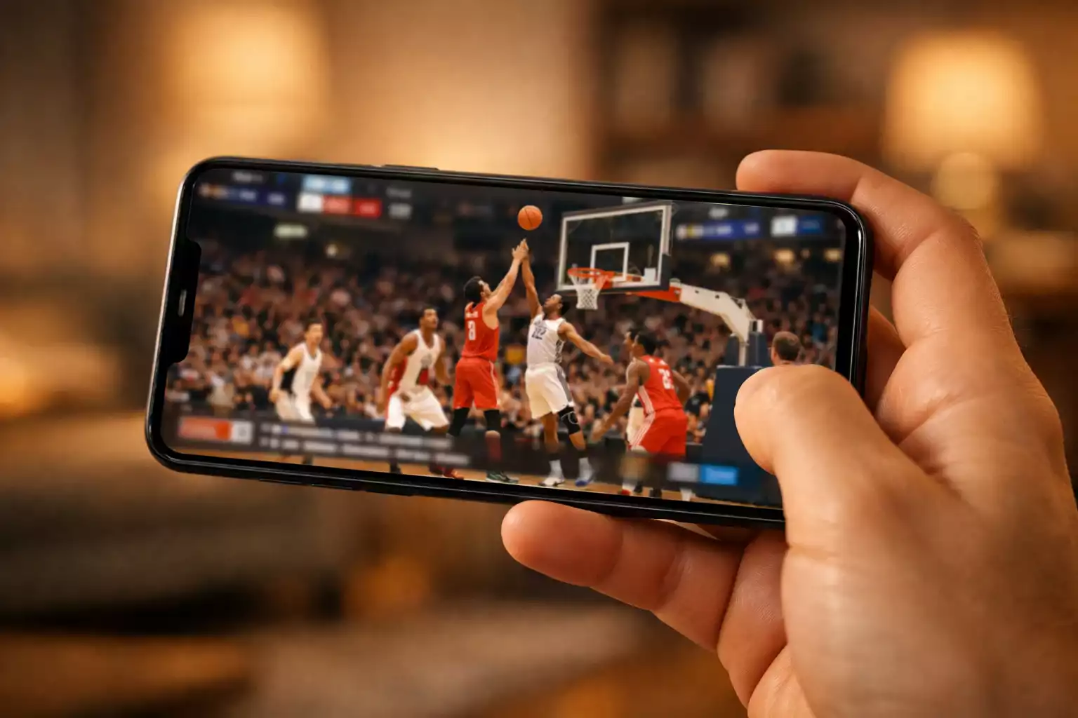 Smartphone che mostra una partita di basket in diretta