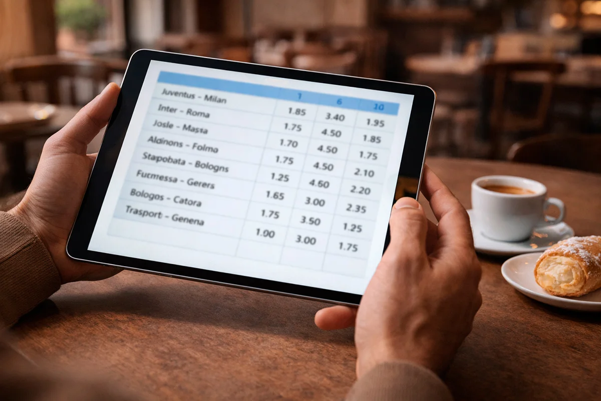 Persona che consulta le quote sportive su un tablet in un bar