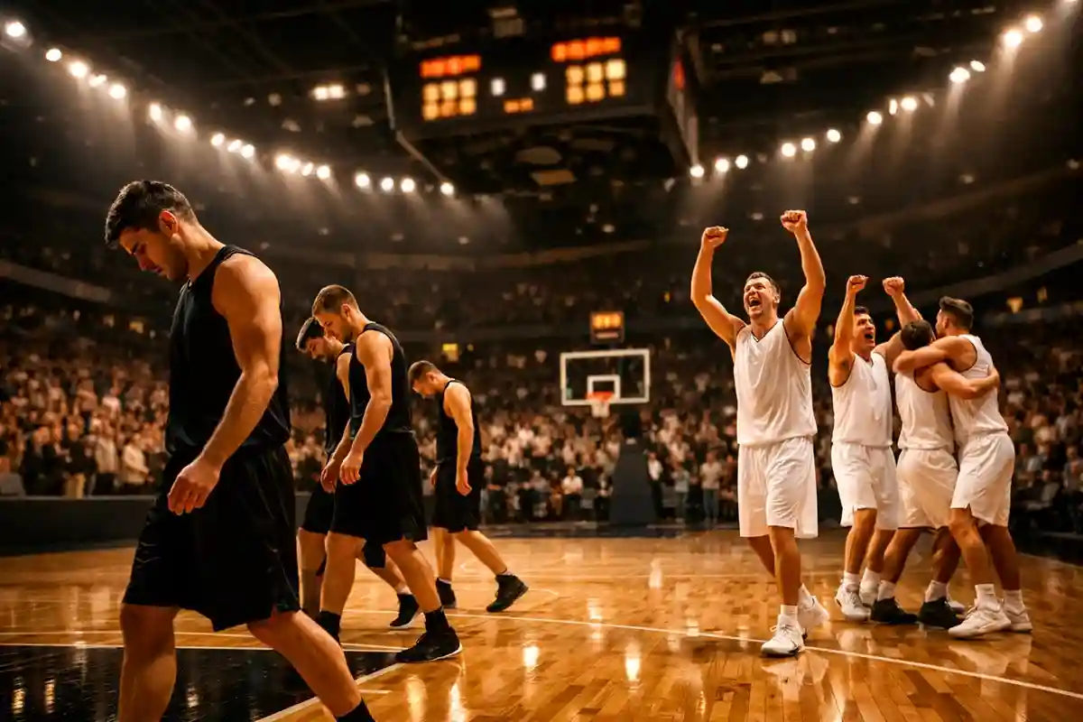 Partita di basket con una squadra in netto vantaggio visibile sul tabellone