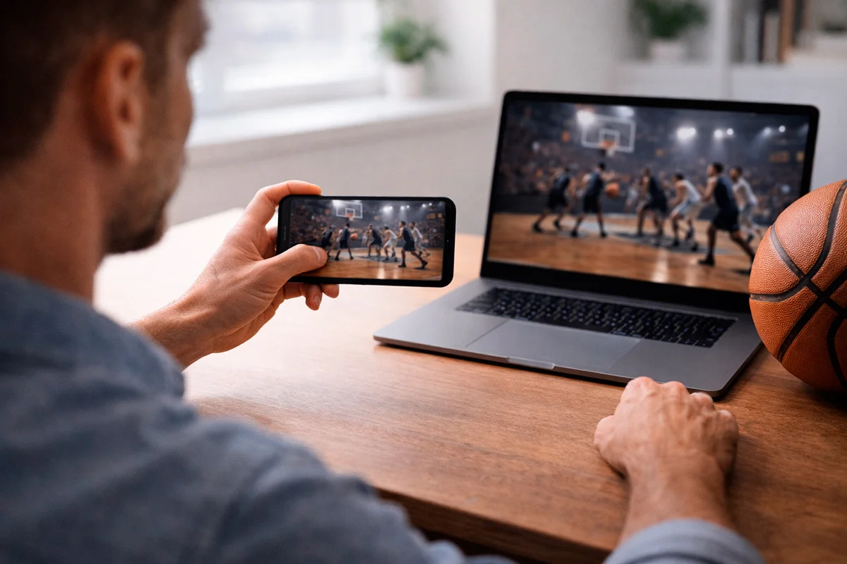 Persona che confronta siti di scommesse basket su smartphone e laptop