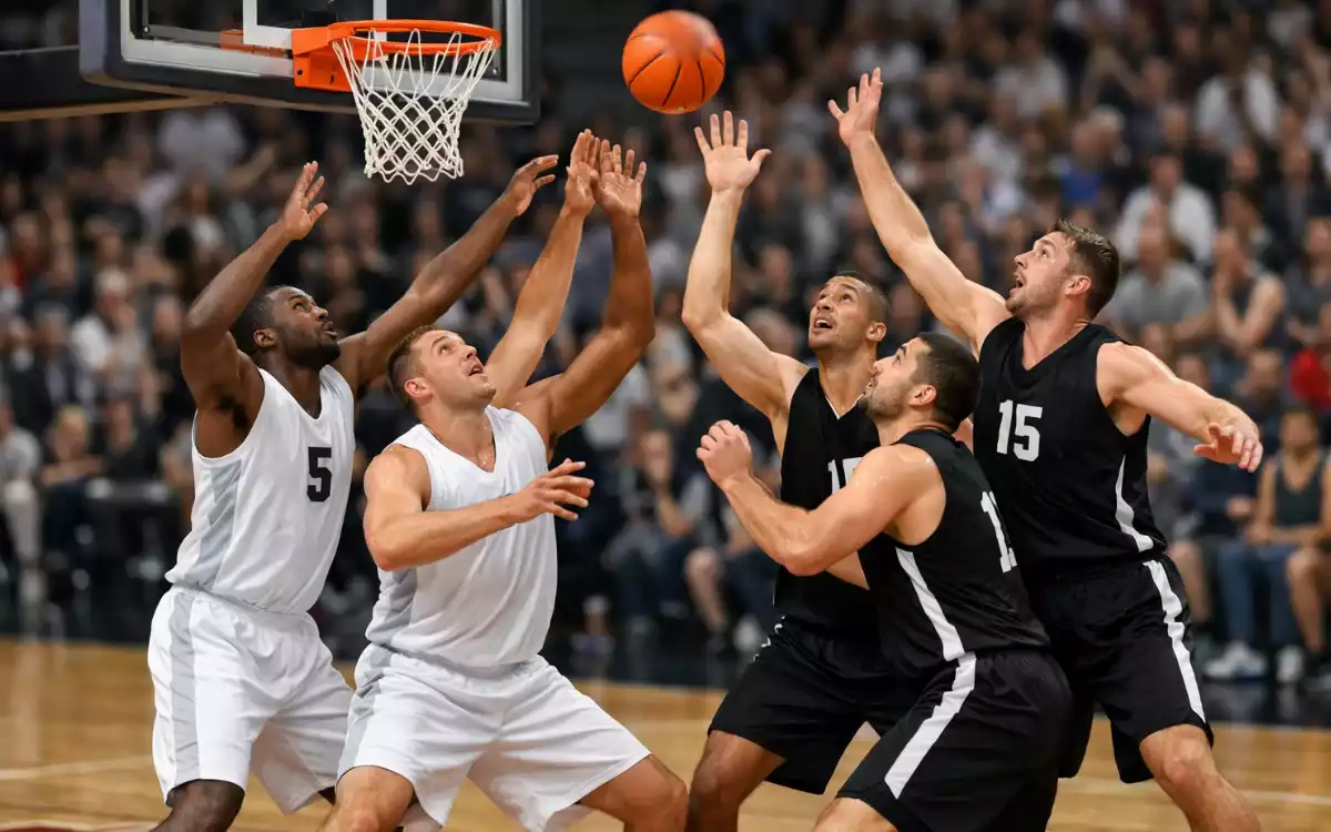 Due squadre di basket si affrontano sotto canestro durante una partita
