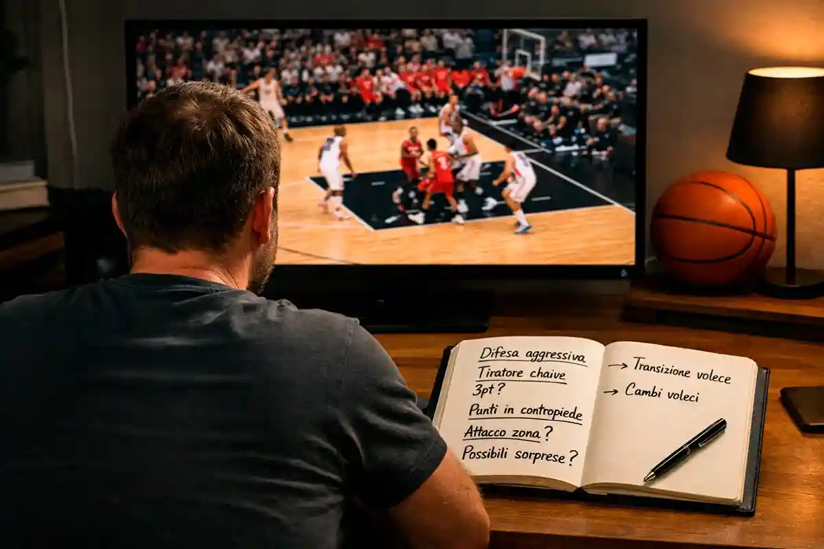 Persona che studia statistiche di basket su un grande schermo con grafici