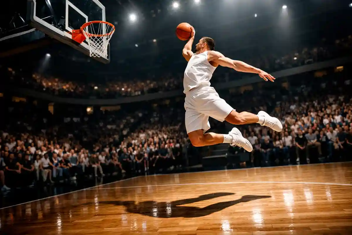 Giocatore di basket che segna a canestro durante una partita su campo indoor
