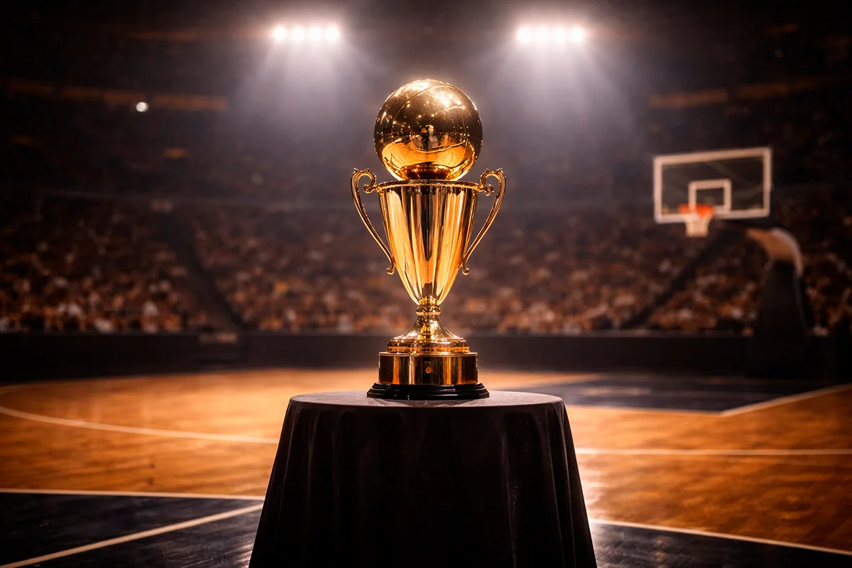 Trofeo di campionato di basket illuminato su un podio in un palazzetto