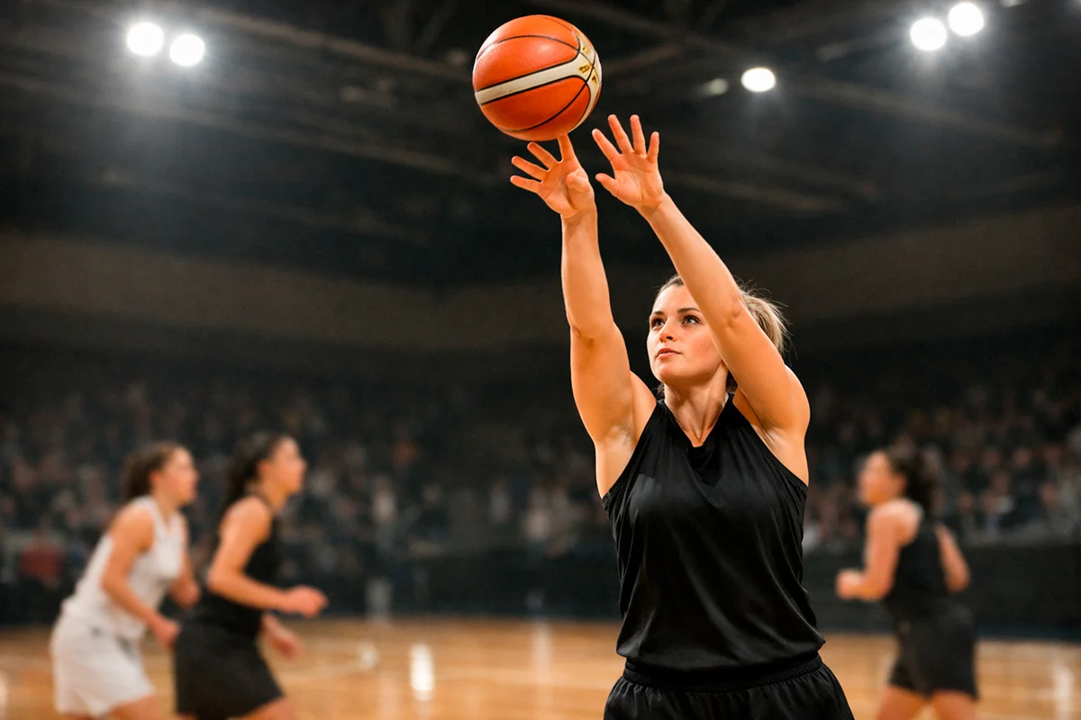 Giocatrice di basket femminile in azione durante una partita su campo indoor
