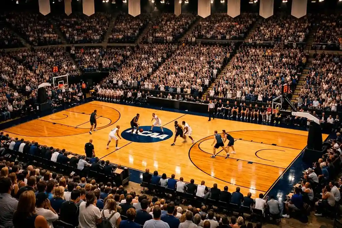 Campo di basket universitario americano con atmosfera tipica del college basketball