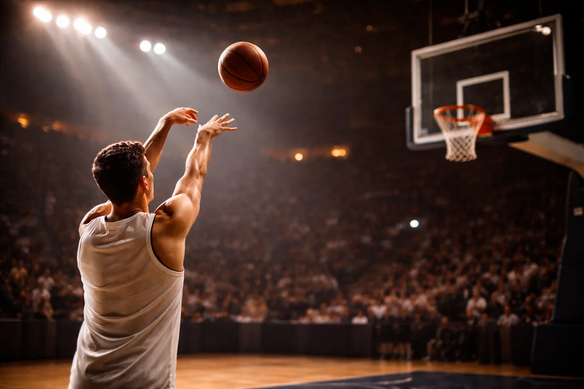 Giocatore di basket che tira a canestro da tre punti durante una partita