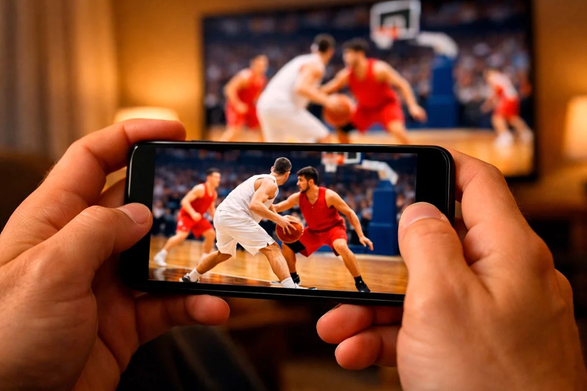 Persona che guarda una partita di basket dal vivo sullo smartphone