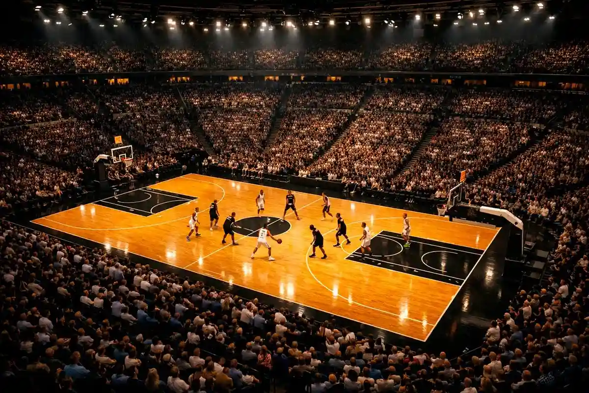 Arena NBA illuminata vista dall'alto durante una partita di basket