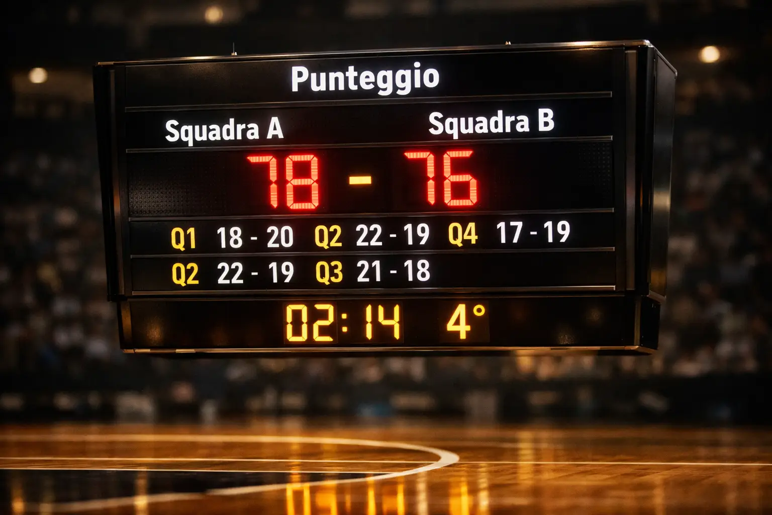Tabellone segnapunti di una partita di basket con i punteggi dei quarti di gioco