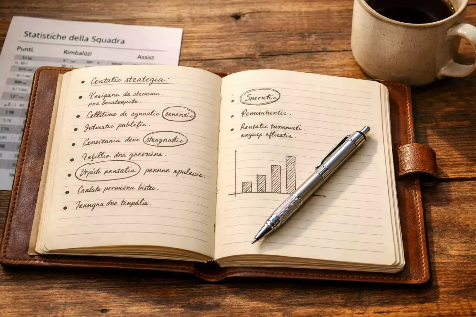 Quaderno con appunti e grafici semplici per analisi sportiva