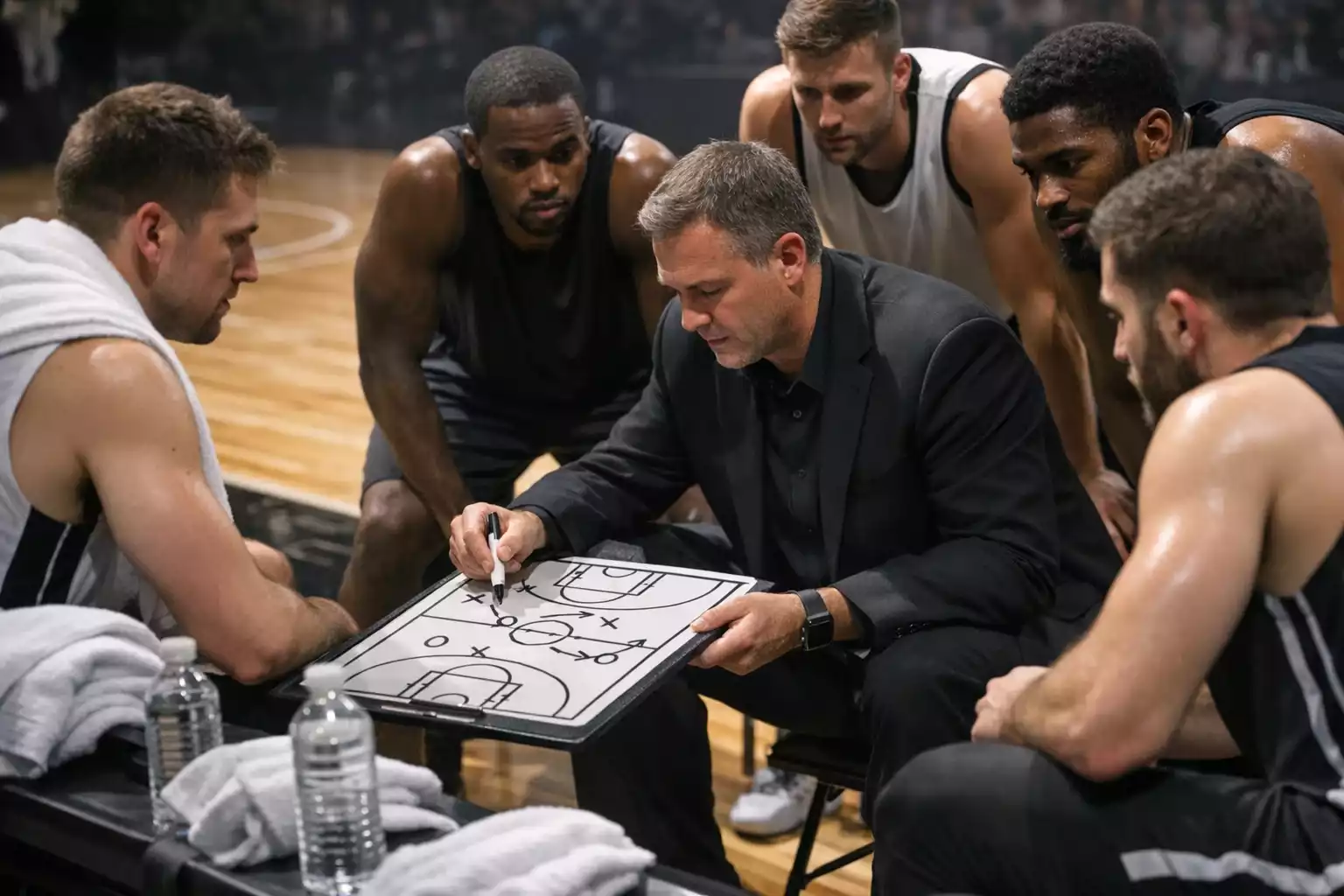 Allenatore di basket spiega schemi tattici alla lavagna durante timeout