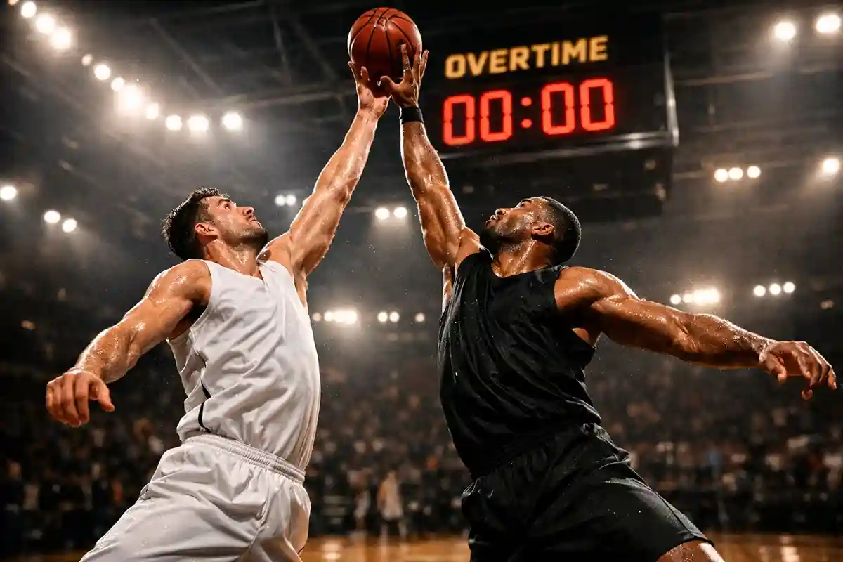 Giocatori di basket in azione durante un tempo supplementare con il cronometro a zero