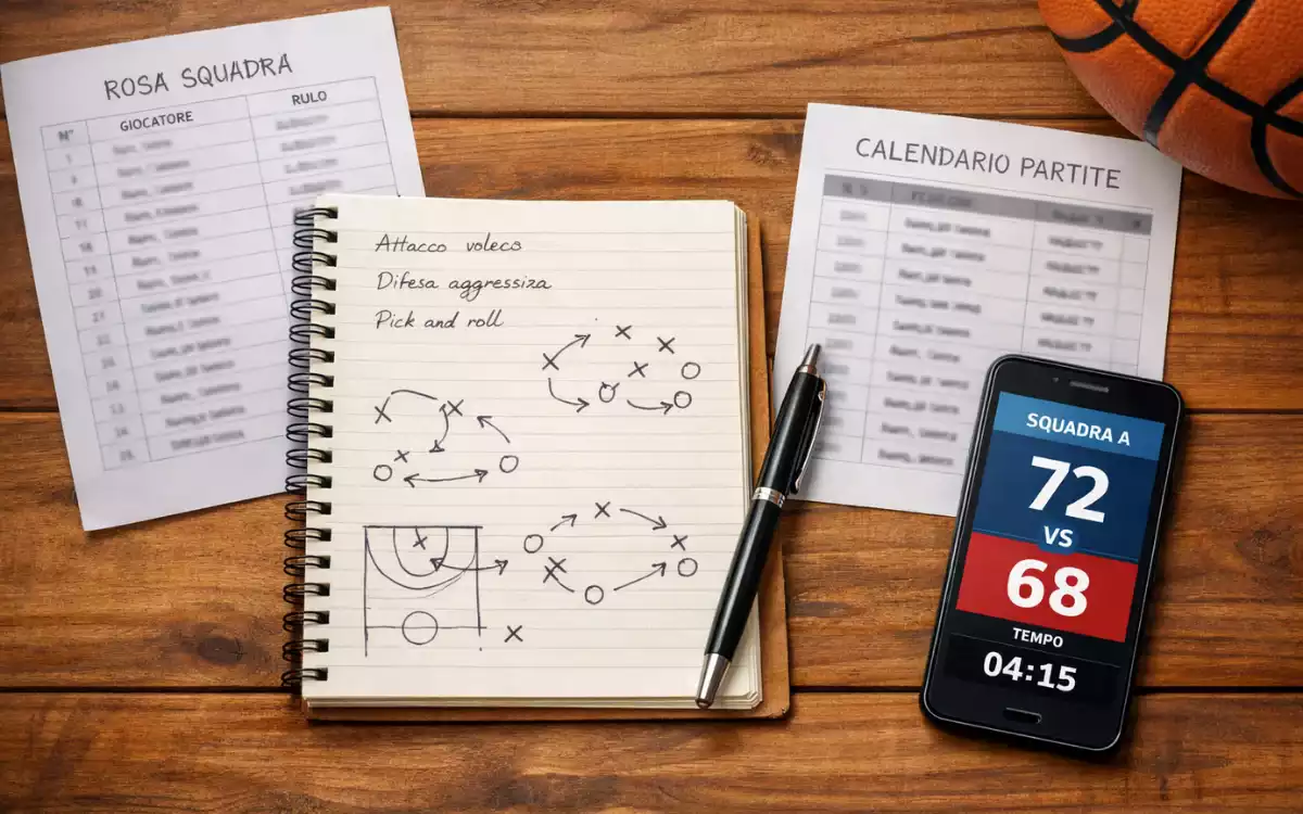 Persona analizza statistiche di pallacanestro su documenti e appunti