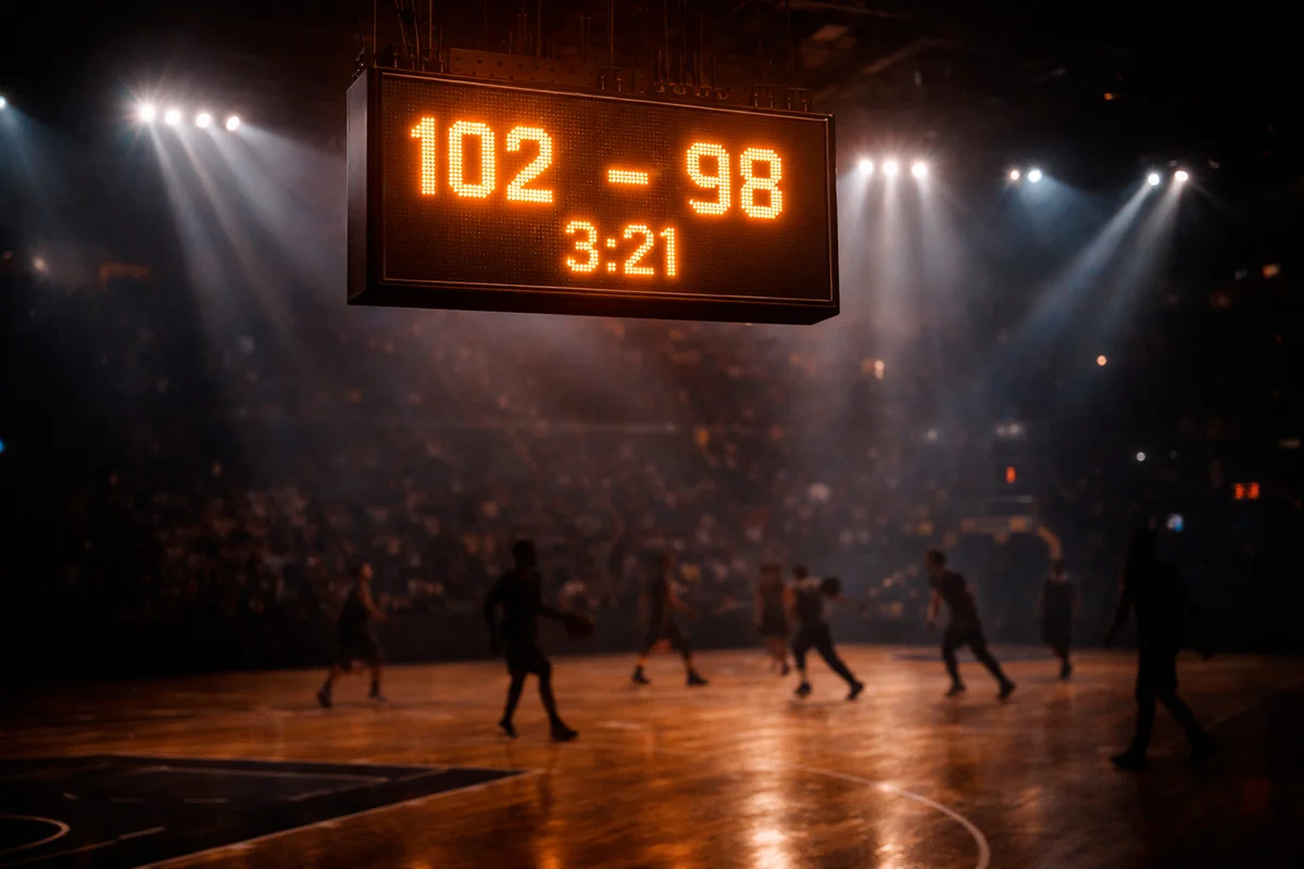 Tabellone segnapunti illuminato durante una partita di basket in un palazzetto