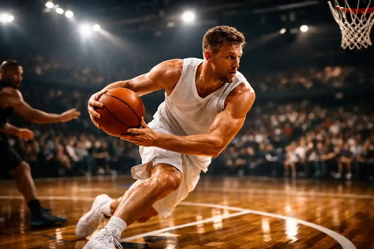 Giocatore di basket in azione durante una partita di playoff su un campo illuminato